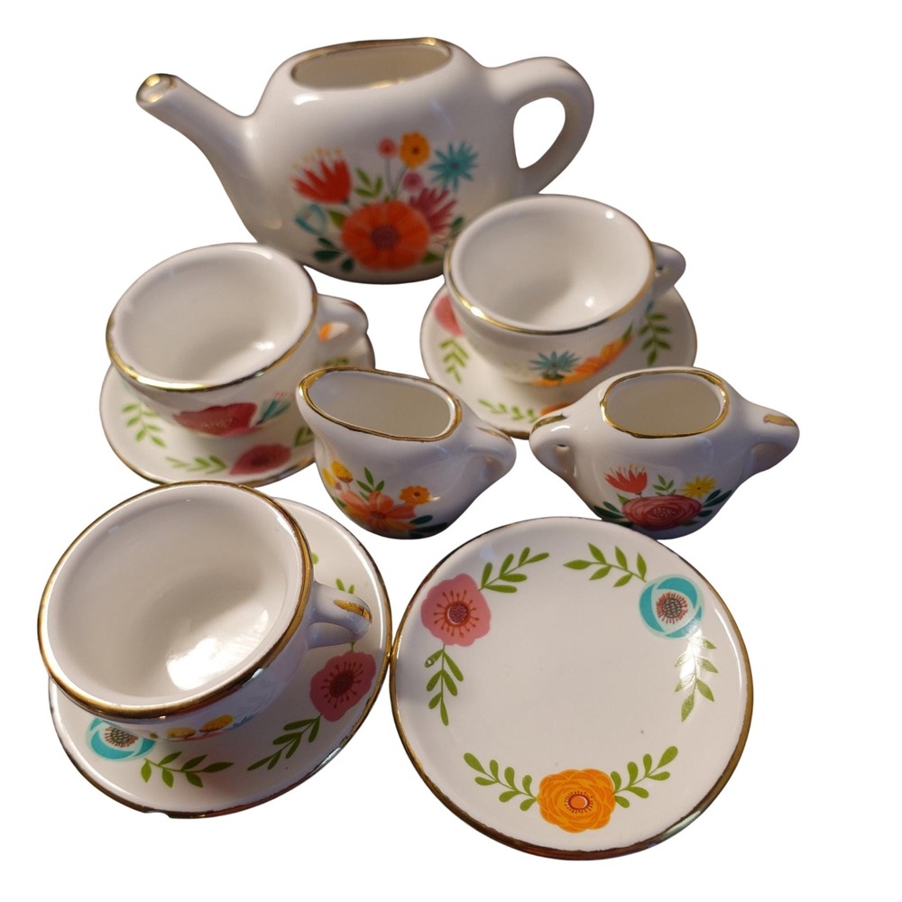 Ceramic Bright Stripes miniature tea set floral pretend playset